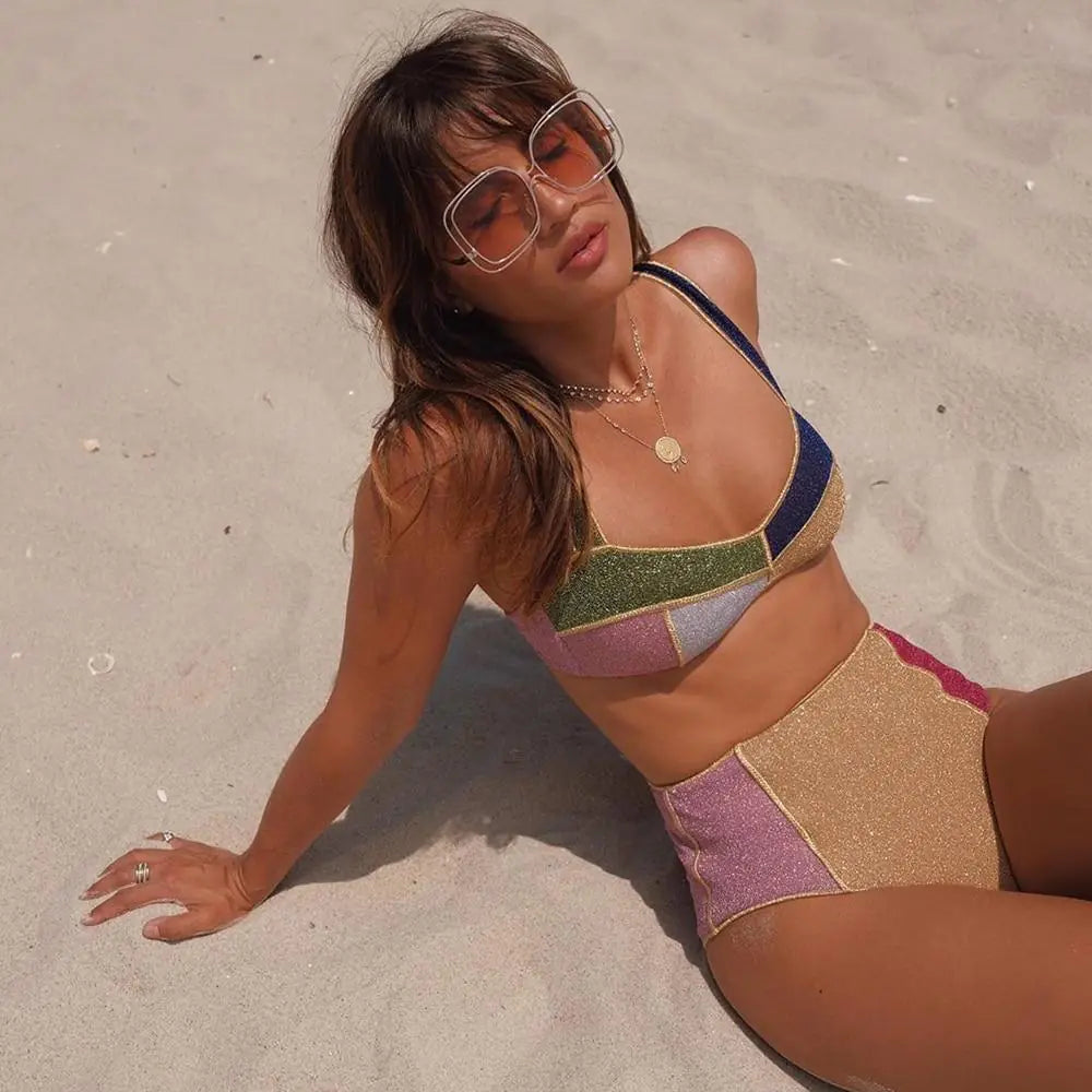 Color Block Glitter High Waist Bikini – Retro Two-Piece Swimsuit
