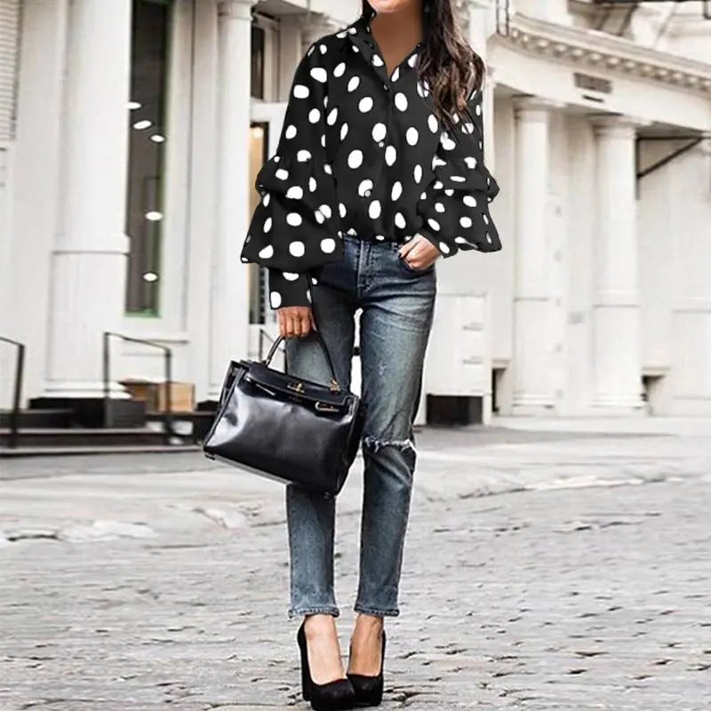 Polka Dot Lantern Sleeve Blouse