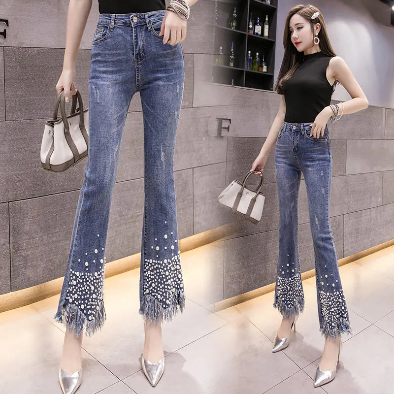 Pearl Denim Flare Pants with Fringes