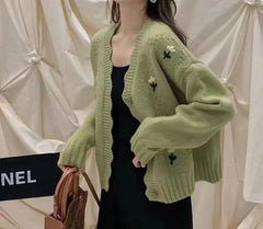 French Retro Women's Embroidered Knitted Cardigan