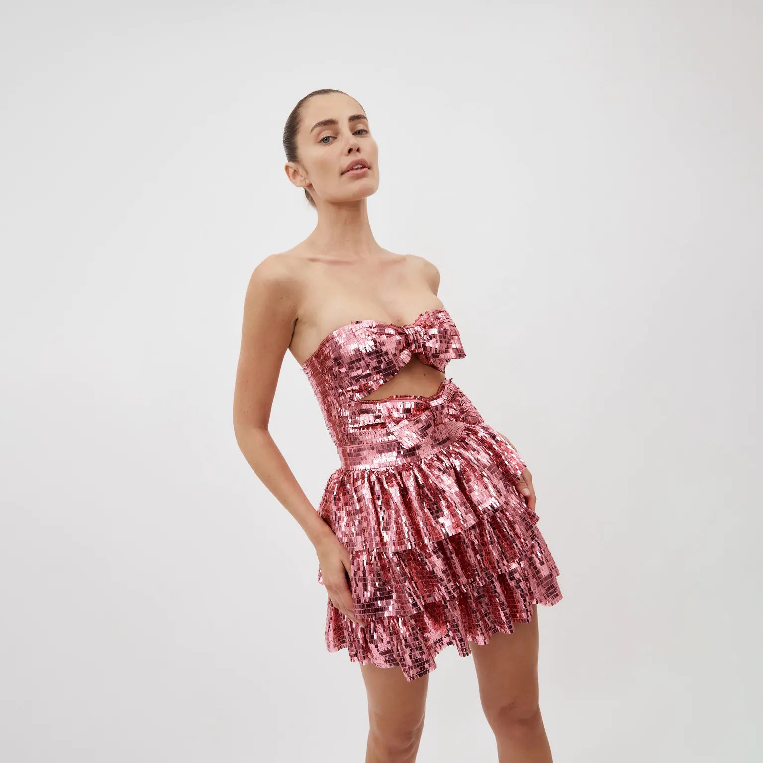 Sparkling Pink Sequin Strapless Mini Dress with Front Bows β Party & Clubwear