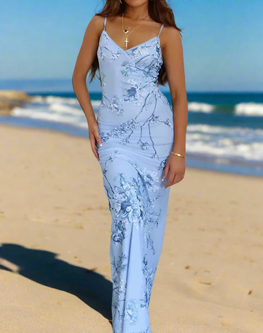 Floral Spaghetti Strap Bodycon Maxi Dress – Women’s Summer Sleeveless Elegant Gown
