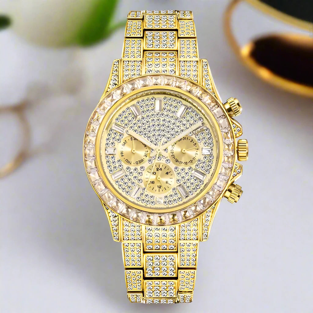 Luxury Iced Out Watch with Rainbow Bezel – Men’s Stainless Steel Timepiece