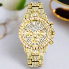 Luxury Iced Out Watch with Rainbow Bezel – Men’s Stainless Steel Timepiece