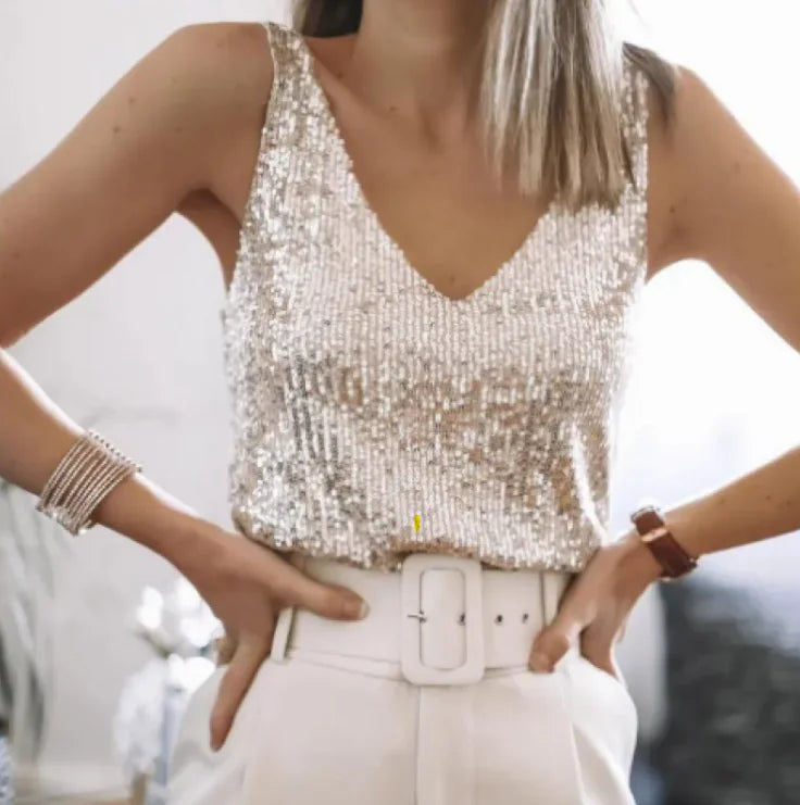 Sequin V-Neck Top – Wide Strap Sparkle