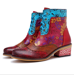 Retro Floral Leather Ankle Boots – Women’s Lace-Up Block Heel Boot