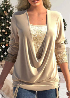 Sequin-Stitched U-Neck Long-Sleeve Shirt