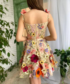 3D Floral Embroidered Sheath Dress – Spaghetti Straps & Satin Waist