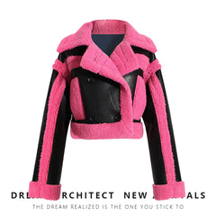 Pink Contrast Faux Fur Biker Jacket