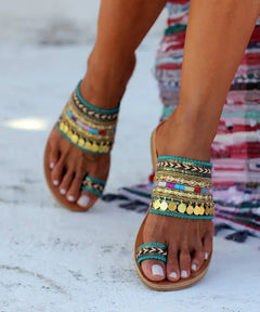 Ethnic Style Metal Flat Sandals for Women