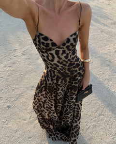 Leopard Print Maxi Dress – V-Neck Spaghetti Strap Silhouette