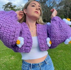 Handmade Chunky Knit 3D Flower Cardigan – Cozy Statement Sweater