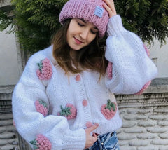 Handmade Chunky Knit 3D Flower Cardigan – Cozy Statement Sweater