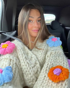 Handmade Chunky Knit 3D Flower Cardigan – Cozy Statement Sweater
