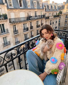 Handmade Chunky Knit 3D Flower Cardigan – Cozy Statement Sweater