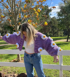 Handmade Chunky Knit 3D Flower Cardigan – Cozy Statement Sweater
