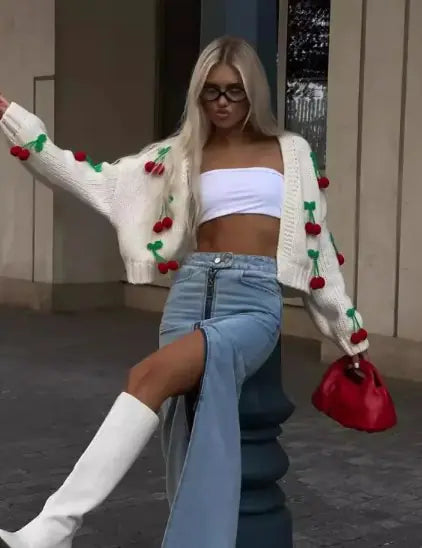 Knitted Cherry Cardigan – Off-White with 3D Cherries