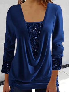 Sequin-Stitched U-Neck Long-Sleeve Shirt
