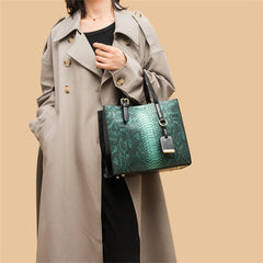 Person wearing a trench coat holding a green textured handbag against a beige background