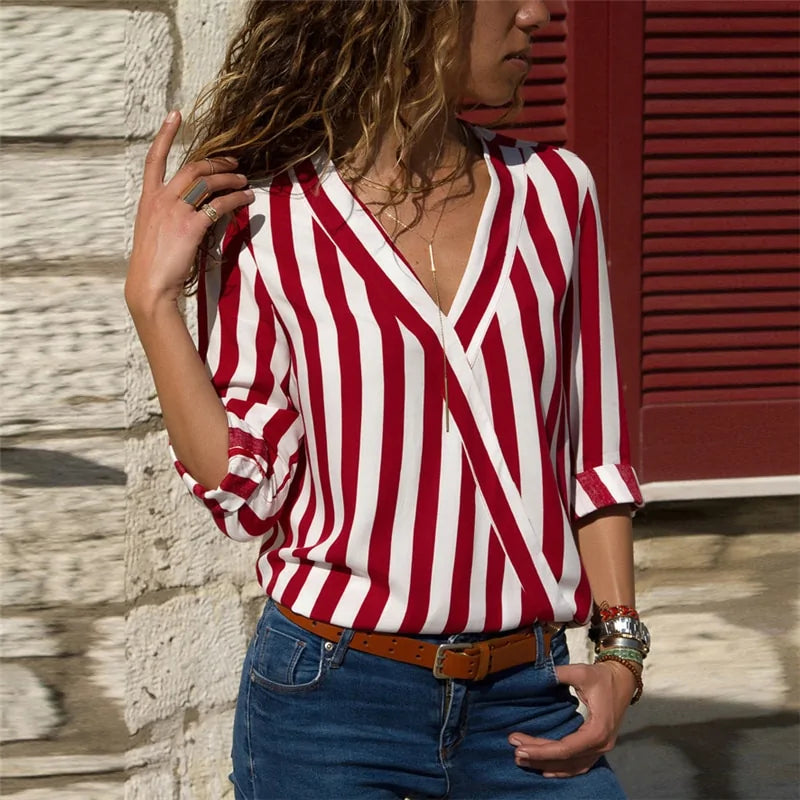 Vertical Stripe V-Neck Blouse for Women – Casual Chic Button Cuff Shirt