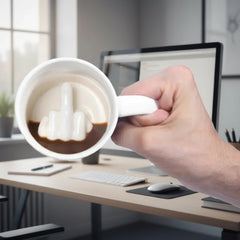 Hand holding a mug with a mild finger inside