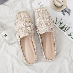 Chic Tweed Pearl-Embellished Slide Mule