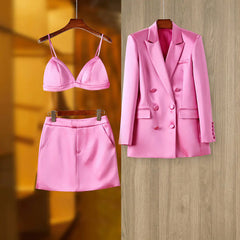 Pink Satin 3-Piece Suit Set – Blazer, Mini Skirt & Triangle Top