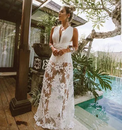 White Lace Beach Dress – V-Neck Cross-Back Sheer Cover-Up