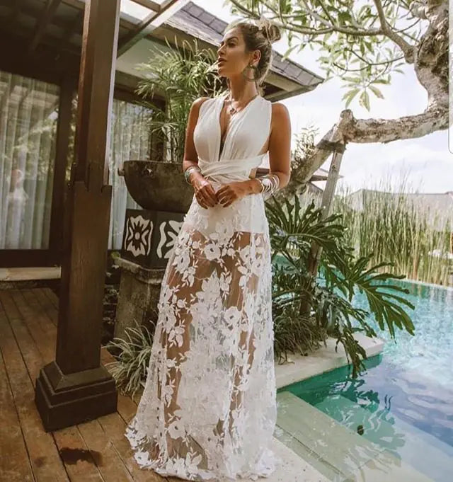 White Lace Beach Dress – V-Neck Cross-Back Sheer Cover-Up