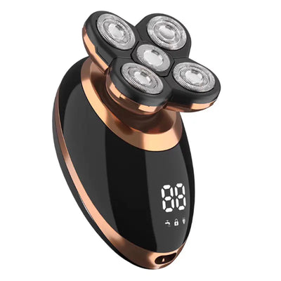 Black and gold 5-in-1 electric head shaver with five rotary blades and LED display.