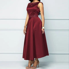 Elegant Vintage Satin Dress with Embroidered Collar and Waist – Sleeveless Evening Dress