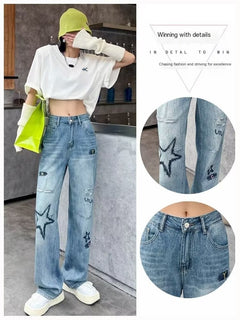 Women’s Graffiti Star Patch Loose Jeans – Streetwear High-Waist Denim