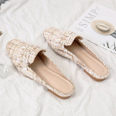 Chic Tweed Pearl-Embellished Slide Mule