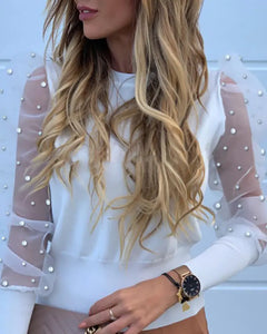 Pearl Puff Sleeve Elegance – Mesh Top with Pearls
