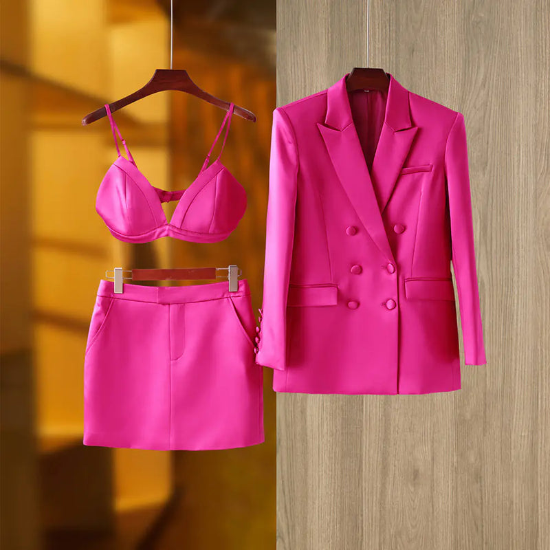 Pink Satin 3-Piece Suit Set – Blazer, Mini Skirt & Triangle Top
