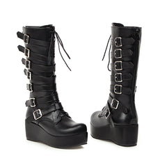 Fashionable Mid-Calf Wedge Boots with Buckle