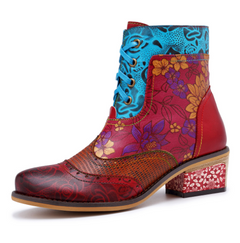 Retro Floral Leather Ankle Boots – Women’s Lace-Up Block Heel Boot