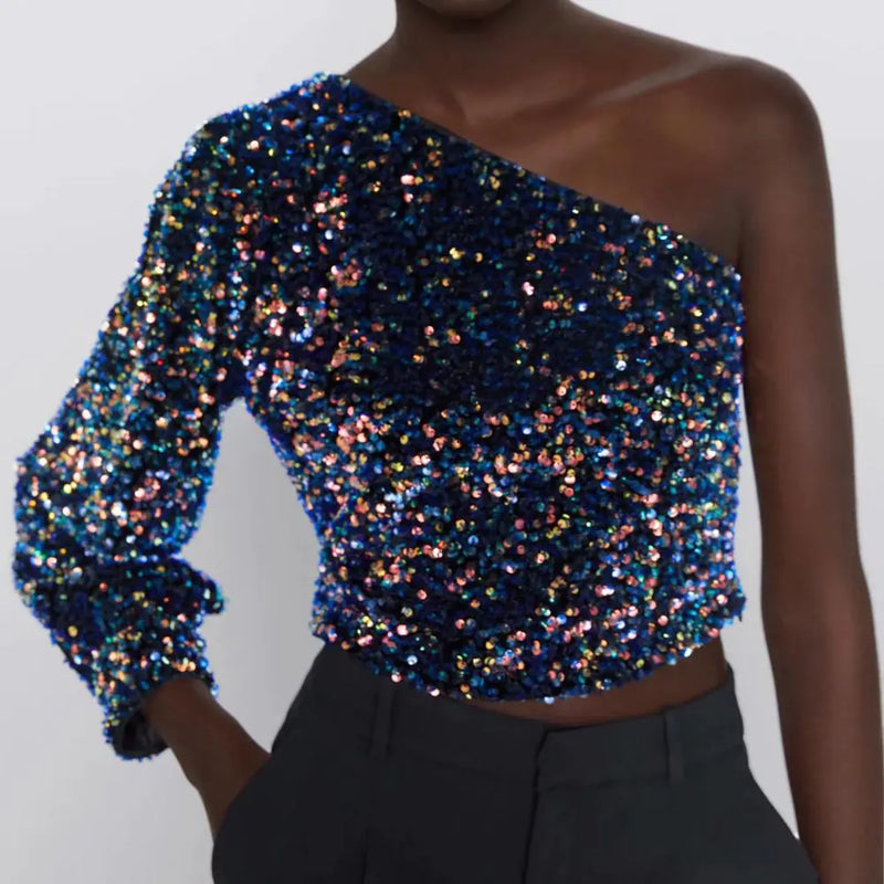 One-Sleeve Sequin Asymmetrical Top – Dark Blue Statement Party Piece