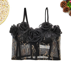 Floral Embroidered Sheer Tulle Corset Top – Romantic Mesh Bralette with 3D Roses