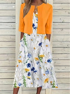 Elegant Floral Print Midi Dress with Matching Bolero Jacket