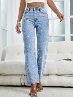 Pearl Embellished Jeans for Women - High Waisted Straight Leg Stretch Denim Pants with Faux Pearl Beaded Detail