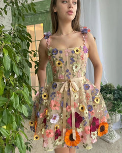 3D Floral Embroidered Sheath Dress – Spaghetti Straps & Satin Waist