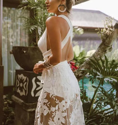 White Lace Beach Dress – V-Neck Cross-Back Sheer Cover-Up