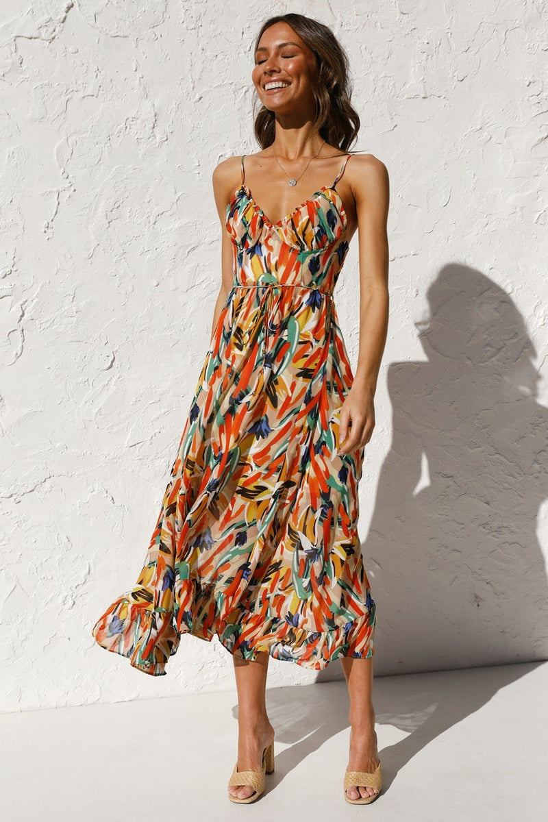 Colorful Midi Dress with Ruffle Hem – Summer Chic 🌞🌿