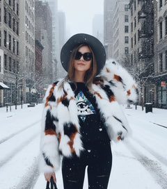 Woman wearing a white western cow-print faux fur coat on a snowy city street