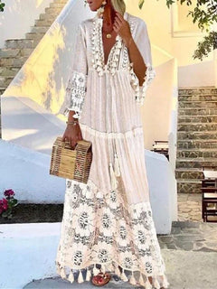 Boho Tassel Lace Maxi Dress – Embroidered Long Sleeve Beach Kaftan