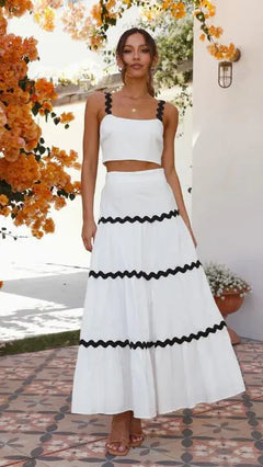 Boho Chic Two-Piece Set – Crop Top & Tiered Maxi Skirt
