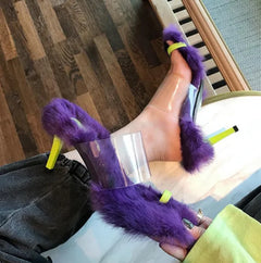 Rabbit Fur High Heels with Color Block Design