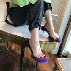 Rabbit Fur High Heels with Color Block Design