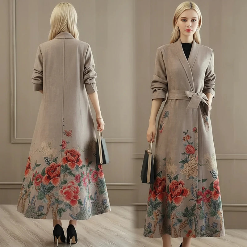 Woman wearing a long suede beige trench coat with floral hem and belt, front and back view.